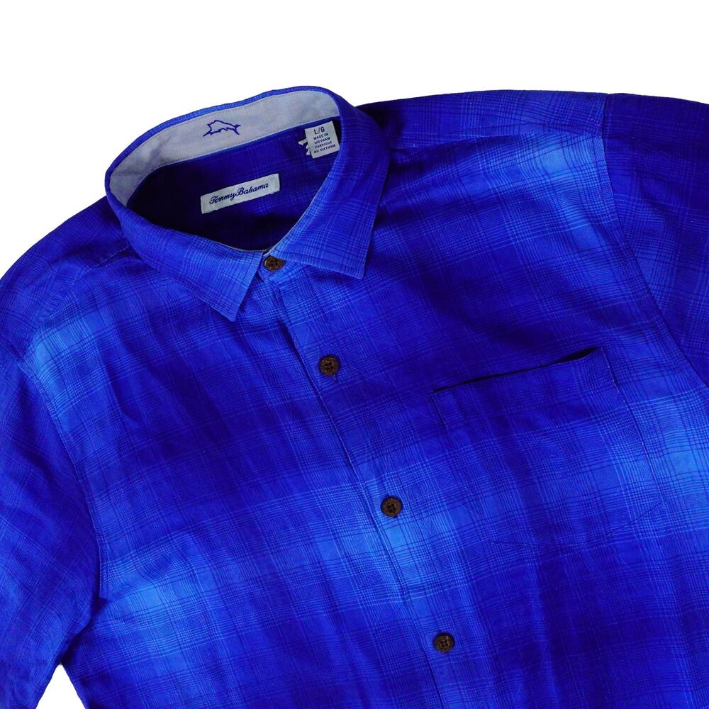 Tommy Bahama 100% Silk Blue Plaid Button Up Shirt Chest Pocket Mens Large